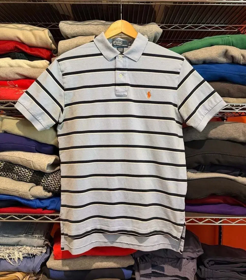 Vintage Polo Ralph Lauren Striped Short Sleeve Shirt Light Blue Navy Orange  M